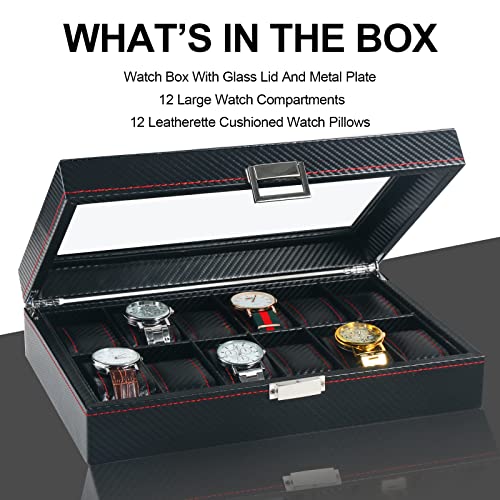 Pengup Watch Box Organizer For Men,12 Slots Carbon Fiber Watches Holder Display Storage Case With Glass Lid,Red Line #TOP4