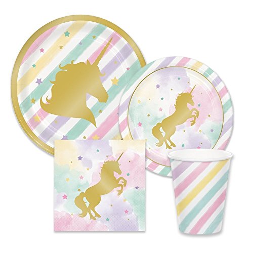 Creative Converting Unicorn Pink & Metallic Gold Sparkle Party Supplies - Tableware for 16 Guests - Plates, Napkins, & Cups