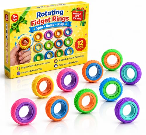 Fidget Rings for Kids, 12 Pack Rotating Finger Spinner Rings, Fidget Toys | Quiet Classroom Fidgets, Rotating Sensory Toys,Stress Relief Toys,Stocking Stuffers for Kids, Birthday Gifts and Party Favors - image 1