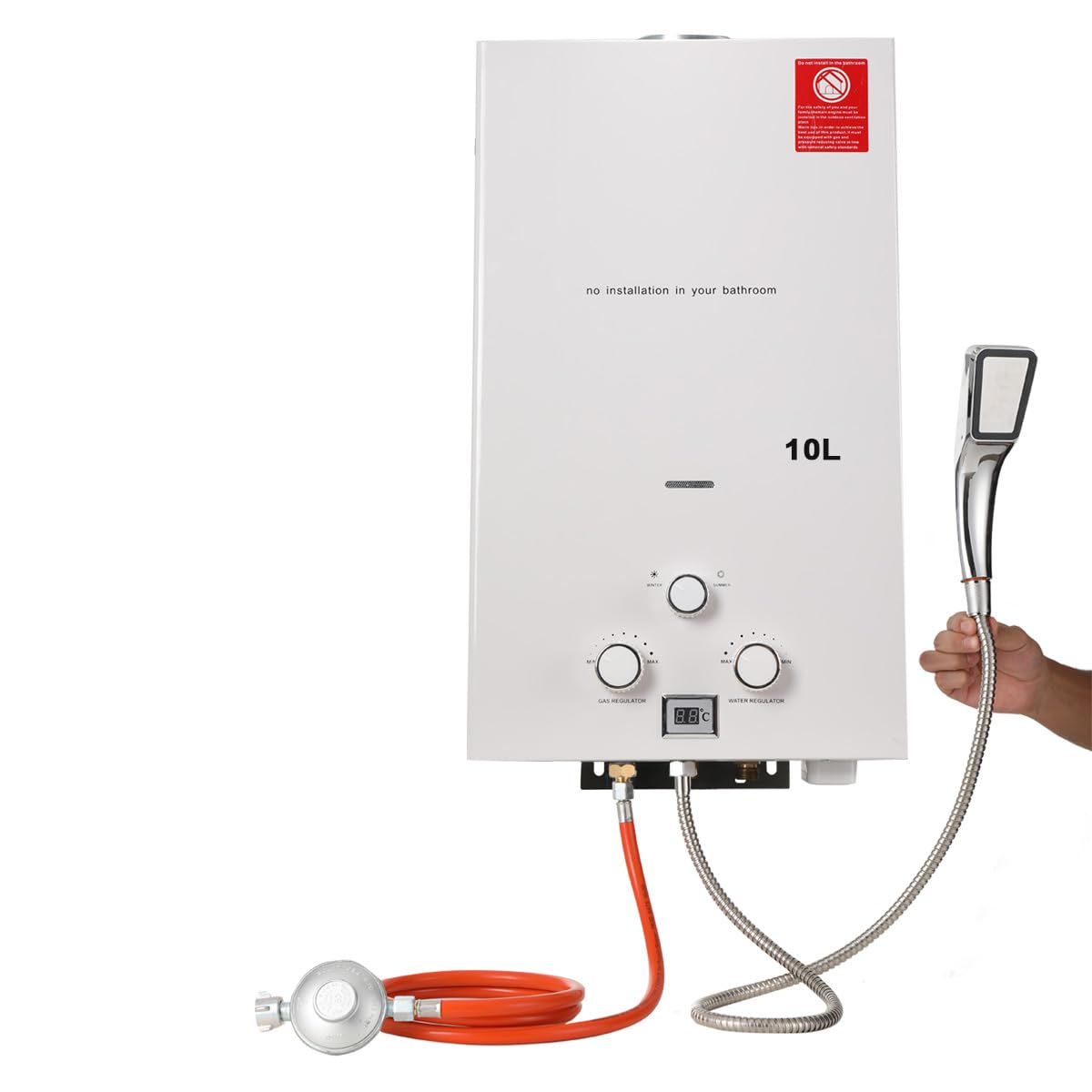 10L 20KW Tragbarer Gas Durchlauferhitzer Propangas Campingdusche mit Gasdruckminderer, für Dusche im Außenbereich Warmwasser Camping Dusche LPG Warmwasserbereiter Warmwasser Tankless Instant