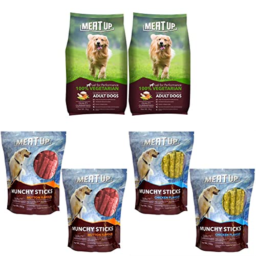Image of Meat Up 100% Veg Adult Dry Dog Food, 3kg (Buy 1 Get 1 Free) & Munchy Sticks, Mutton Flavour, Dog Treats, 400g (Buy 1 Get 1 Free) & Munchy Sticks, Chicken Flavour, Dog Treats, 700 g (Buy 1 Get 1 Free)