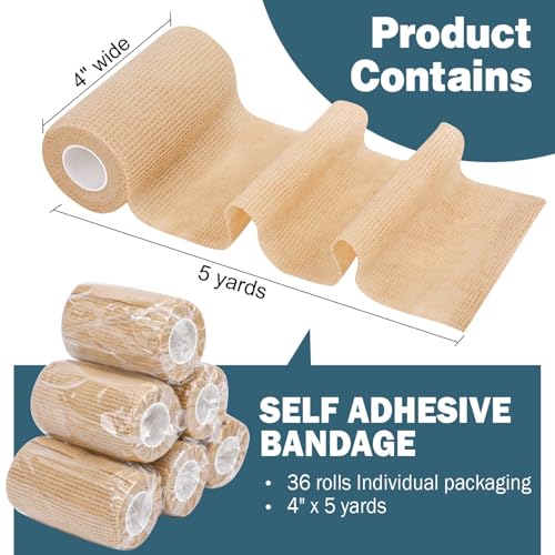 Image of AZEN 36 Pack Self Adhesive Bandage Wrap, 4 inch X 5 Yards Elastic Cohesive Bandage Wrap, Skin Color Athletic Tape, Ankle Tape, Tattoo Grip Tape Wrap, Vet Wrap