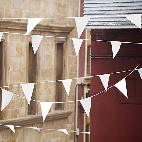 20m 52pcs White Pennant Bunting,Polyester Fabric Reusable Triangle Flags Banner for Indoor Outdoor Birthday Party Wedding Decorations