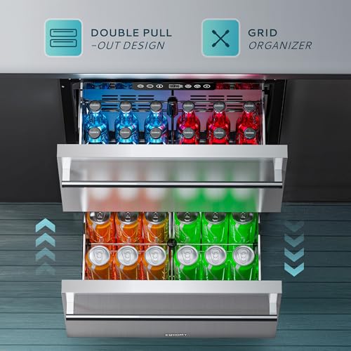 Image of EUHOMY 24 Inch Under Counter Double Drawer Fridge, Weather Proof Stainless Steel Outdoor Beverage Refrigerator for Patio, Built-in Beverage Fridge for Home & Commercial Use Stainless Steel Silver