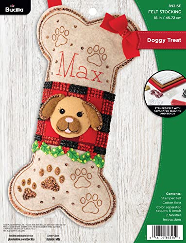 Bucilla Felt Applique Christmas Stocking Kit, Doggy Treat 18" Felt Applique Stocking Making Kit, Perfect for DIY Holiday Needlepoint Arts and Crafts, 89315E