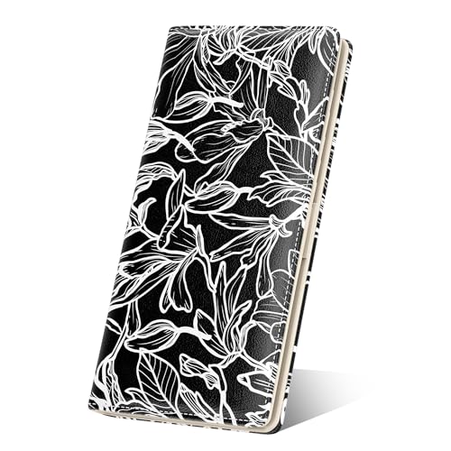 Image of Nipichsha Womens Wallet, RFID Slim Wallets for Women, Thin Ladies Credit Card Holder Purse, Cute Leather Bifold Clutch Billfold with 11 Card Slots & ID Window, Black White Leaf