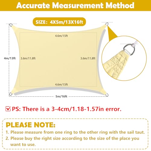 Sun Shade Sail, 13'x16' Rectangle Sunscreen Awning Canopy, Waterproof Shade Sail, 95% UV Block with Free Rope, for Outdoors, Garden (Cream White) by Mokani - Image 5