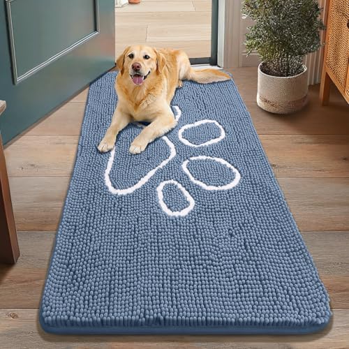 Image of Smiry Dog Door Mat for Muddy Paws, Absorbent Dirt Trapper Non Slip Quick Dry Washable Chenille Mat for Mud Dogs, Entry Rug for Indoor and Outdoor (48x30 Inches, Airy Blue and White)