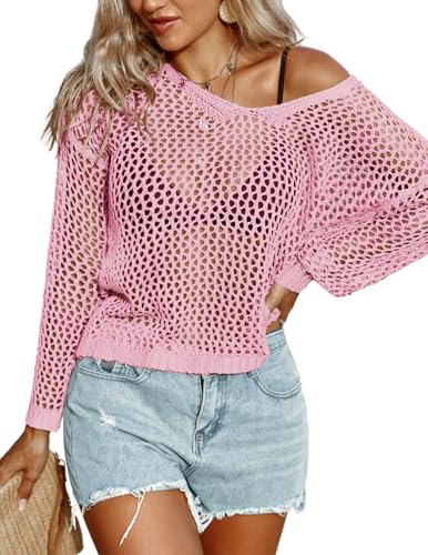 AI'MAGE Womens Crochet Tops Long Sleeve Hollow Out Swim Cover Up 2026 Beach Bikini Swimsuit Summer Tunic Top