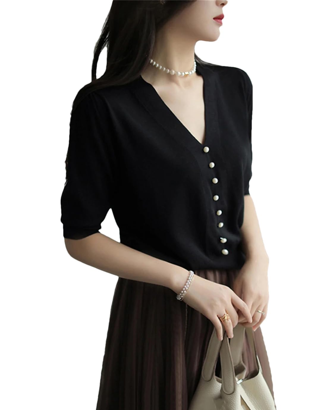 Hauts d'été en tricot à boutons perlés pour femme Col en V Slim Tricoté Décontracté