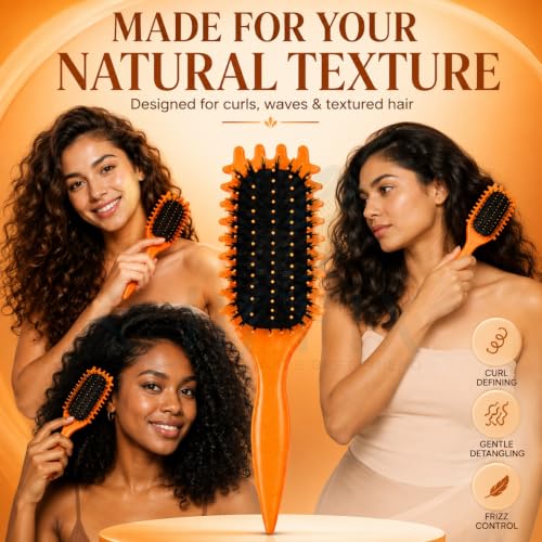 Image of Curly Hair Brush - Curl Defining & Detangling Brush for Women & Men - Boar Bristle Styling Brush for Shaping, Combing & Enhancing Natural Curls - Suitable for All Hair Types (Orange)
