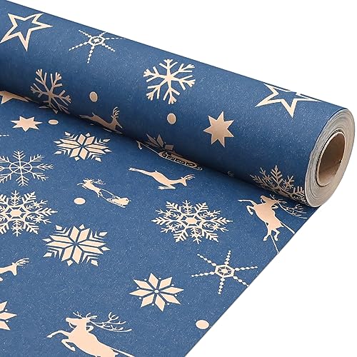 43cm *15m Christmas Kraft Paper Roll,Topeedy Recyclable Blue Gift Wrapping Papers With Star Snowflake Elk for Xmas Party Gifts, Birthday,Graduation,ECO-friendly Present Decorations