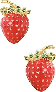 حلق للبنات بتصميم فراولة احمر ومرصع بالزركونيا المكعب الاخضر على شكل فاكهة حمراء لطيفة - ستانلس ستيل مطلي بالذهب عيار 18 قيراط