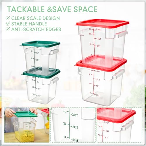 Image of Lallisa 4 Pcs 8qt & 4qt Clear Food Storage Containers with Lids Handles and Scales, Stackable Plastic Square Food Storage Containers for Dough Proofing Baking Kitchen Restaurant(Red, Green)