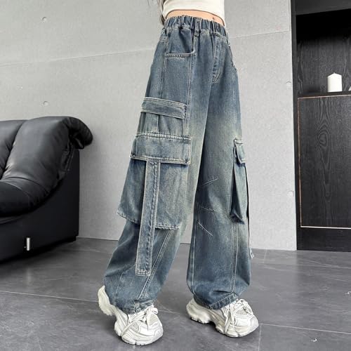 Girls Cargo Jeans Baggy Wide Leg Streetwear Denim Pants Teen Kids Retro Loose Fit Jeans Multi Pockets High Waist Pants4