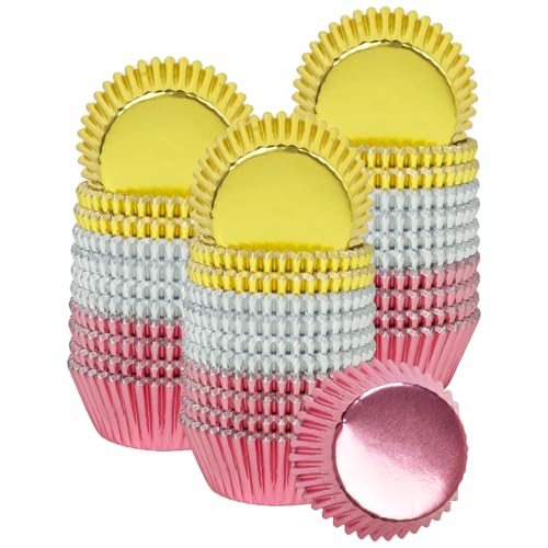 qiqee 300 moldes de papel de aluminio para magdalenas de 3 colores, gruesos y resistentes, resistentes al aceite, papel para magdalenas (tamaño pequeño de 1.25 pulgadas)