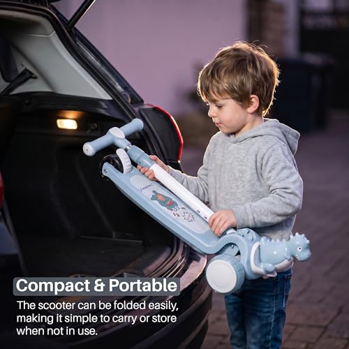 Image of Baybee Dino Blaze Kick Scooter for Kids | 3 Wheel Skate Scooter with RGB LED Wheels & Music | 3 Height Adjustable T-Bar Handle & Rear Brake | Foldable Skate Scooter for Kids 3 to 8 Years (Dark Blue)