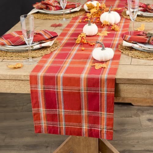 DII Thanksgiving & Fall Table Decoration Autumn Farmhouse Plaid, Table Runner, 14x72, Orange Plaid - image 3