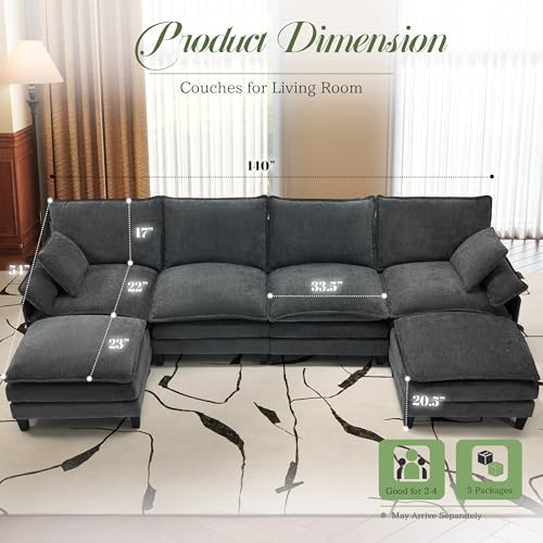 Image of 140 inch Cloud Couch, Modular Sectional Sofa with Movable Ottoman, U Shaped Modern Sofa with Pillows, Comfy Couch, Deep Seat Couches for Living Room, Bedroom and Apartment, Grey