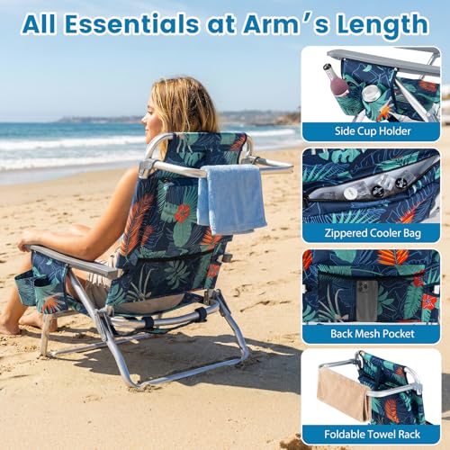 Image of Giantex Folding Beach Chair, Patio Sling Chairs with 5 Adjustable Position, Head Pillow, Storage Bag, Towel Bar, Cup Holders, Backpack Chairs for Sunbathing, Camping Chair