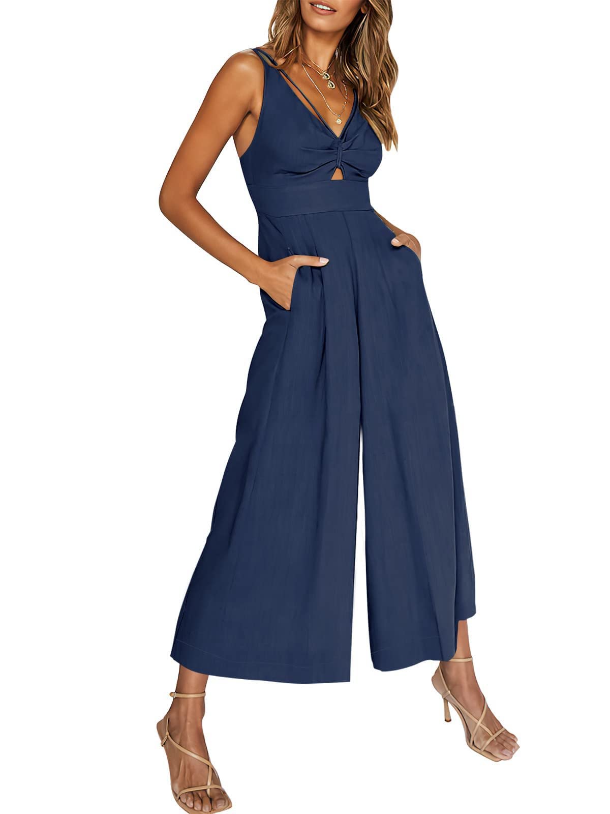 Damen Sommer Weites Bein Leinen Jumpsuit V-Ausschnitt Ärmellos Strampler für Casual Strand Urlaub Outfits