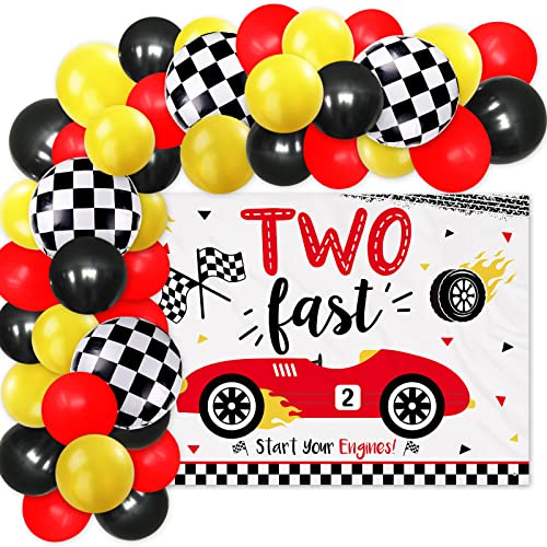 Vansolinne Two Fast Birthday Decoration Race Car 2nd Birthday Backdrop Banner Balloon Garland Kit Passionate Red Race Car