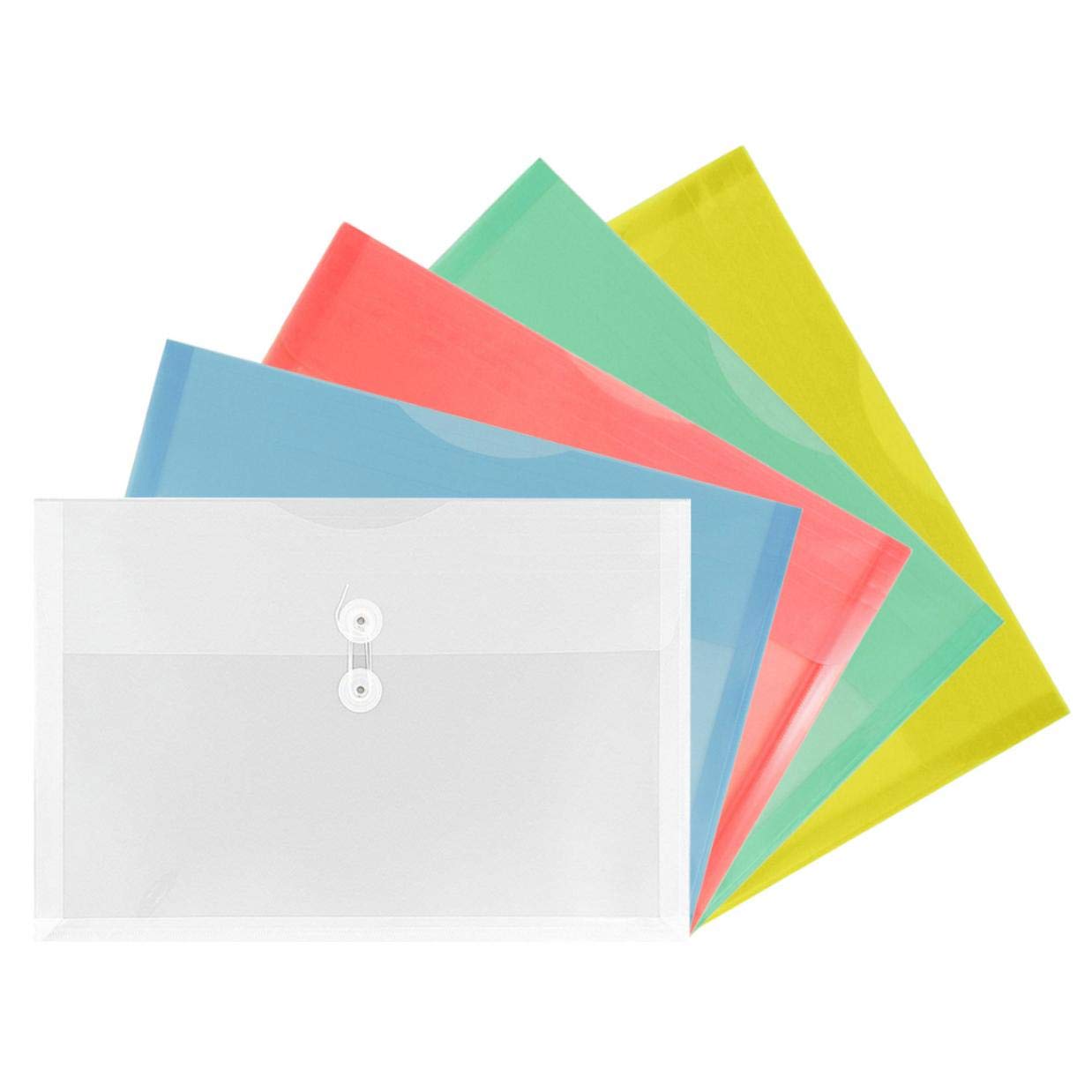 TIENO Assorted Clear Plastic Envelopes with String Closure Legal Size Side Loading Folders PVC Office Study Organizer 5PCS