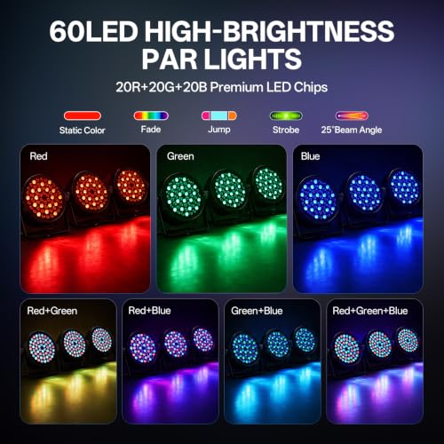 Image of RGB Stage Par Lights 60 LED Uplights, Remote 7CH DMX512 Auto Sound Activated Uplighting Indoor, DJ Lights for Parties Event Wedding Club Church Band Stage Lighting(6 Pack)