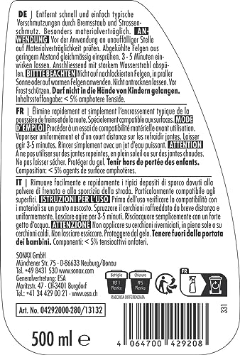 Sonax Detergente Per Cerchioni In Gel (500 Ml) Senza Acidi, Per Cerchi In Acciaio E Lega. Rimuove La Polvere Dei Freni, I Residui Di Olio E Lo Sporco Stradale | Art.N. 04292000 - 2