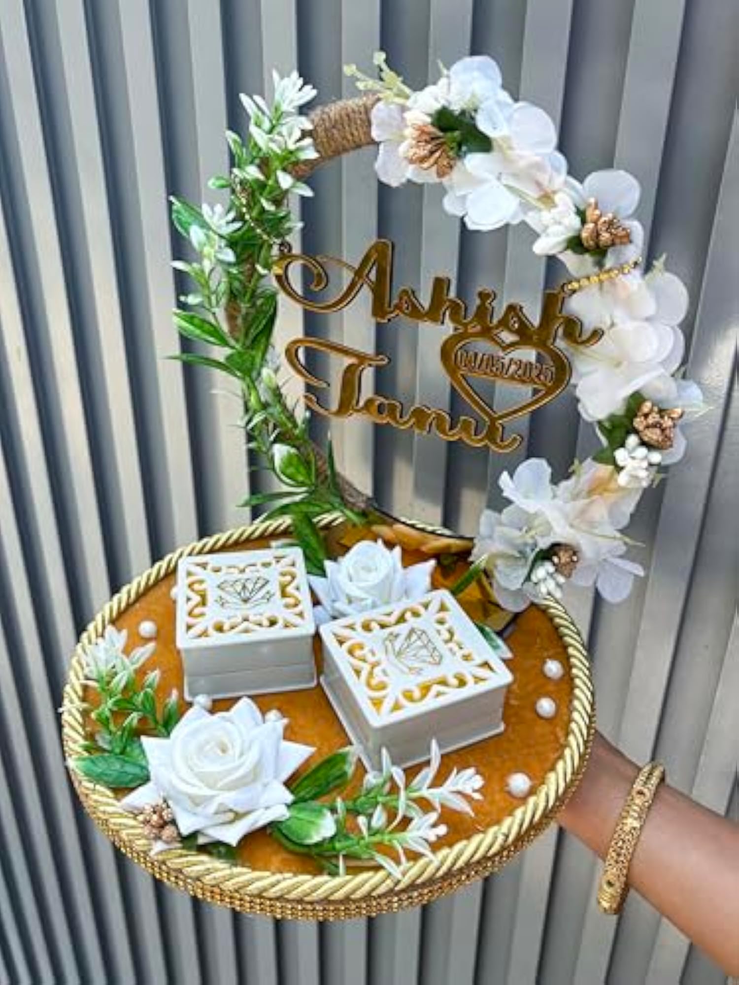 Wood Personalized Name Multicolor Flower Design Ring Tray