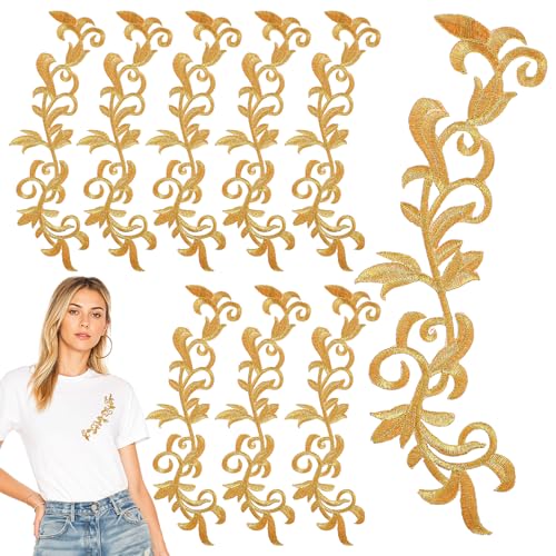 8PCS Gold Appliques Embellishments Metallic Leaves Embroidered Iron on Patch Patch Flower Vine Border Lace Applique Retro Boho Embroidered Appliques Long Scroll Motif for Dress Pillow Sewing Accessory