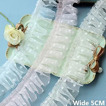 GIOTEL lace 5CM Wide Tulle Mesh Pleated Fabric Frilled Lace Collar Trim Polka Dot Embroidery Ribbon Soft and Light Suitable for Dress Sewing Material lace (Color : White)