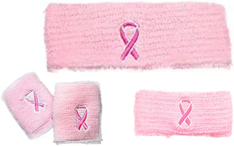 Breast Cancer Awareness Pink Ribbon Sweat Wristbands, Sport Armband, and Headband Bundle - for Breast Cancer Awareness Events, Football Games, and Fundraising Walks
