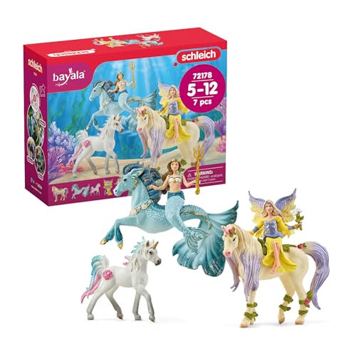 Image of Schleich Bayala - 7 PC Mermaid, Unicorn and Fairy Toy Starter Set for Girls and Boys - Cute Fairies and Unicorn Figures with Accessories - Fantasy Figurine Animal Playset for Kids Ages 5+ - 72178