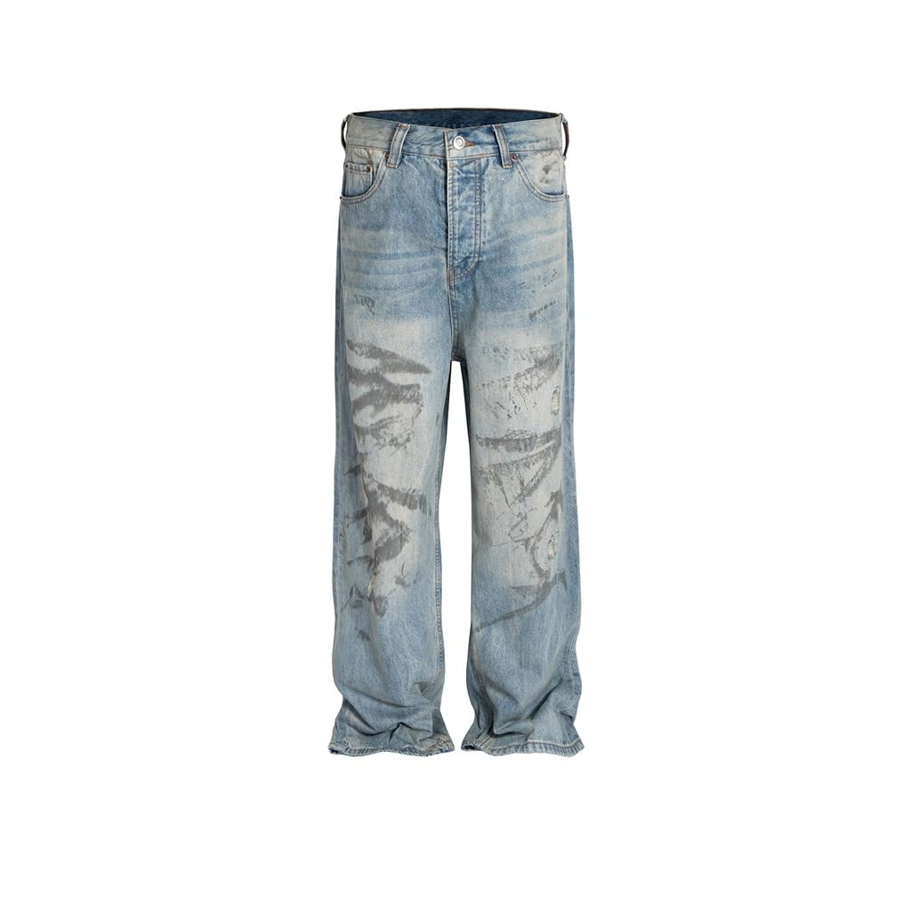 Jean teint dans la boue résistant, pantalon long délavé et vieilli à coupe droite confortable