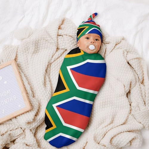 Image of South African Flag Newborn Swaddle Blanket with Beanie Hat - Unisex, One Size - Polyester - Tie Closure - Perfect for Newborns, Parents and Caregivers