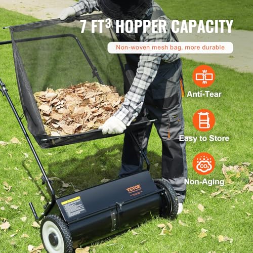FHUKMZOI Push Lawn Sweeper, 26\" Lawn Leaf & Grass Cleanup Collector, Heavy Duty Thickened Steel Durable to Use with Large Capacity 7 ft³ Mesh Collection Bag, 4 Spinning Brushes (Push)
