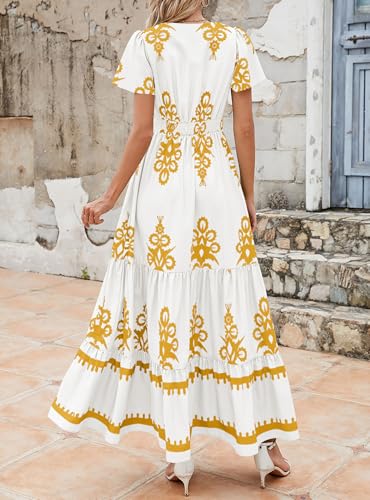 Image of PRETTYGARDEN Womens 2026 Summer Casual V Neck Boho Maxi Dress Flowy Aline Bell Sleeve Tiered Floral Dresses with Pocket