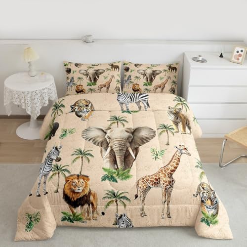 Feelyou Jungle Animal Comforter Set All Season Cute Lion Bedding Set with 1 Pillow Cases Giraffe Tiger Microfiber Kids Toddler Bedclothes Elephant Zebra Bedroom Decor Safari Print Duvet Quilt