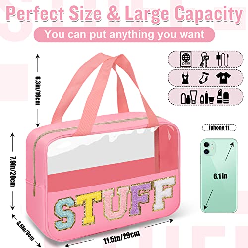 Preppy Clear Stuff Makeup Bags With Chenille Letter Patches, Travel Essentials Large Clear Make Up Bag Zipper Pouch With Handle, Waterproof Nylon Cosmetic Toiletry Storage Tote For Women (Stuff-Pink) #TOP1