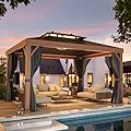 YOLENY 10' x 13' Hardtop Gazebo Metal Gazebo with Wood Grain Aluminum Frame, Galvanized Steel Double Roof, Outdoor Patio Gazebo Pergolas with Netting and Curtains for Backyard, Patio, Lawns