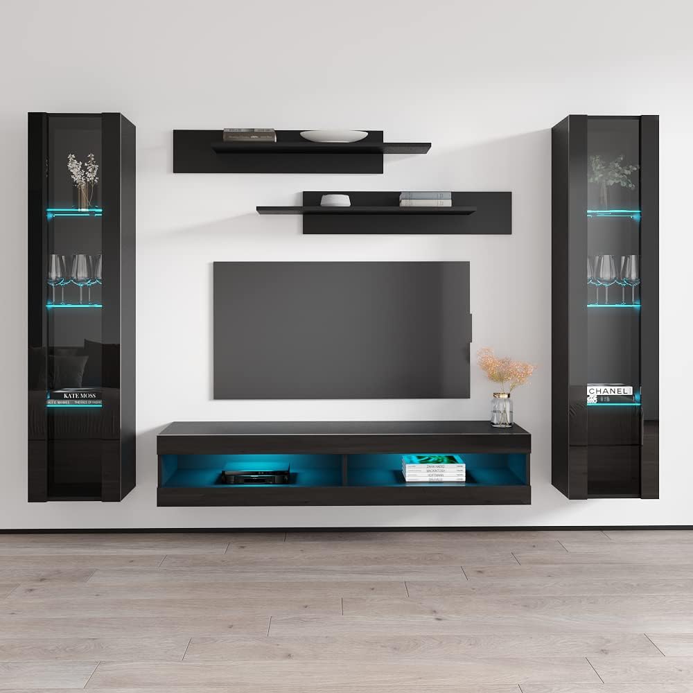 Meble Furniture Fly AB2 34TV Stand — Wall-Mounted Floating Entertainment Center with Storage Shelves and LED Lights — Modern High Gloss, 59.1 x 15.7 x 19.7 inches — Black