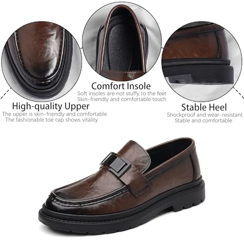 Men's Leather Platform Loafers Fashion Buckle Strap Comfortable Round Toe Block Heel Slip-On Loafers for Business Office Wedding Dress Shoes3