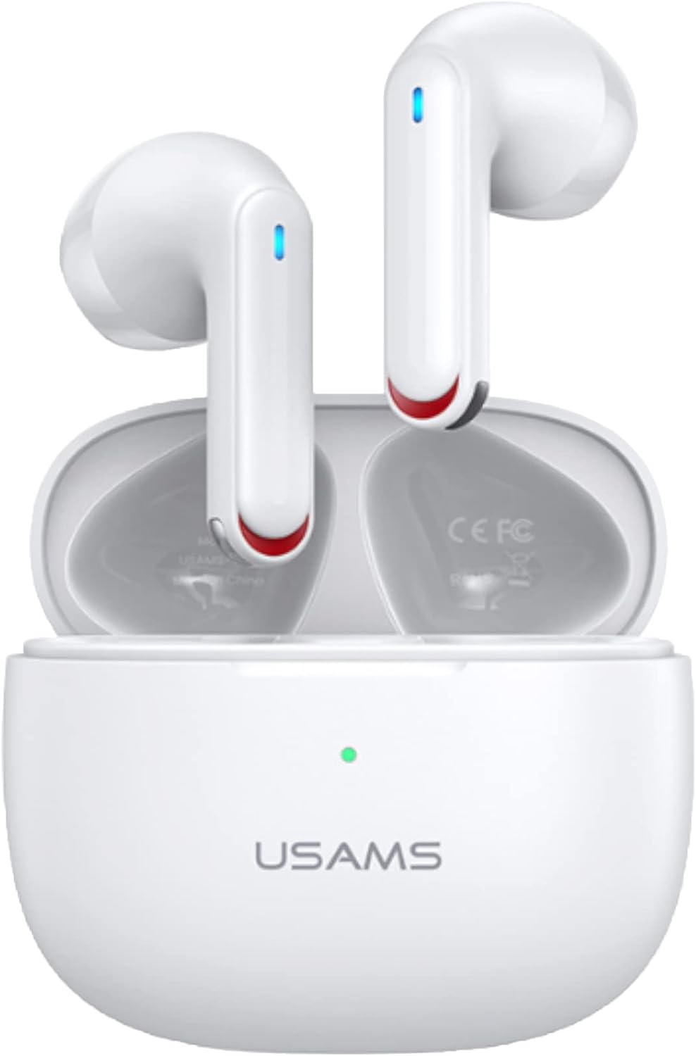 USAMS NX10 True Wireless Earbuds in their open charging case, showing the earbuds with blue indicator lights.