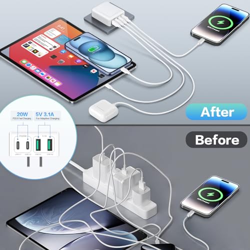 3-Pack USB C Charger Block, Flat USB C Charger, 40W 4-Port PD3.0 Slim Fast Charging Block with Foldable Plug Type C Power Adapter Brick for iPhone 16/15/14/11/12/13 Pro/Max, iPad, Samsung Galaxy