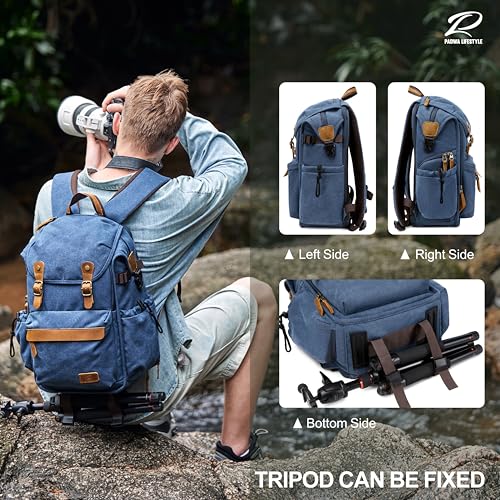 Padwa Lifestyle Sac à dos pour appareil photo - En toile cirée à mémoire de forme - Avec compartiment pour ordinateur portable/objectif 16" et compartiment trépied pour photographes, bleu, L – vue 6