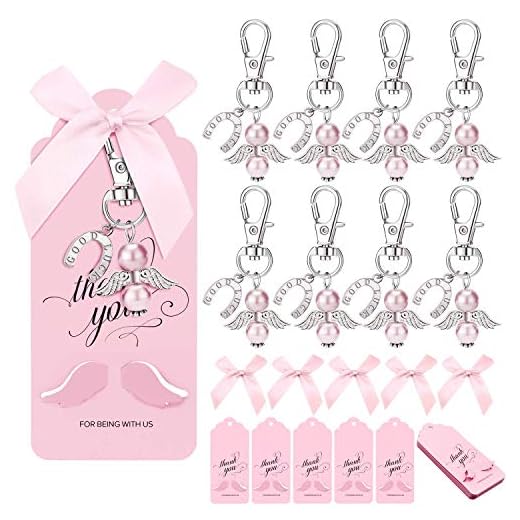 iZoel Tack-presentpaket, 20 st rosa ängel nyckelringar och tacketiketter med ängelving, gästgåvor för baby flickor baby shower bröllop skötare fest presenter helig nattvard