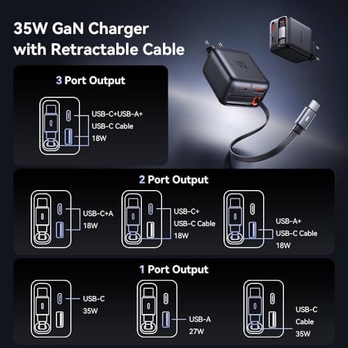 Image of Mcdodo USB C Charger 35W Fast Charger GaN with Built-in Retractable Cable 3 in 1 (3 Ports), Compatible with iPhone 17 Pro Max /16 /15, MacBook, Galaxy S25 /S24 Ultra, iPad, Switch