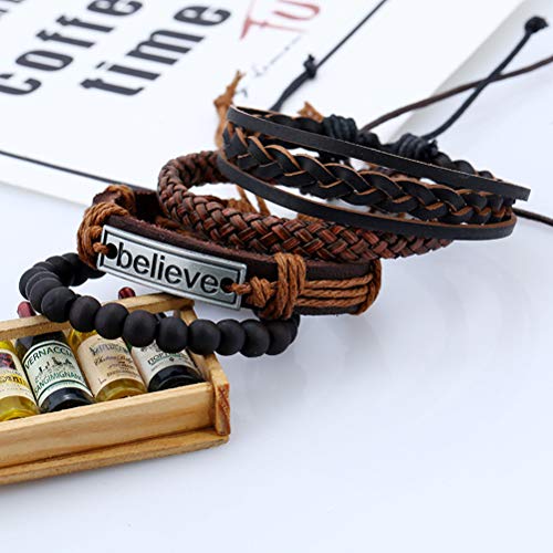 Fldc 4Pcs Braided Leather Wrap Bracelet For Men Women Cuff Set Wood Bead Hemp Cord Woven Wooden Beaded Multi Layer Wrist Bracelets Wristbands Adjustable Black Brown, 10 Inches, Br101-A #TOP1