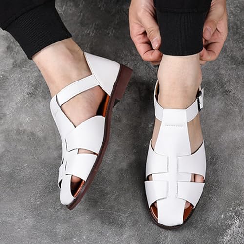 Image of Men's Leather Hollow Flat Fisherman Sandals with Buckle Comfortable Round Toe Breathable Low Heel Non-slip Roman Sandals for Leisure, Work, Driving